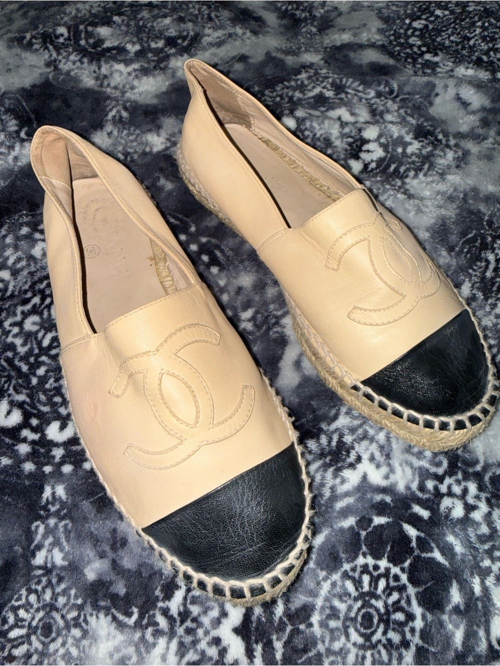 CHANEL Beige Leather Espadrilles with Black Cap Toe